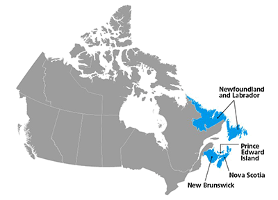 加拿大地图，其中大西洋省份（纽芬兰和拉布拉多、爱德华王子岛、新斯科舍和新不伦瑞克）突出显示在东海岸。